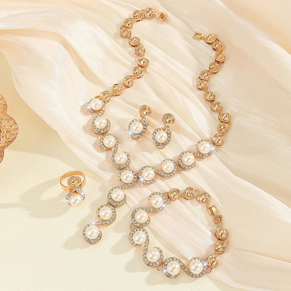 5 PCS Women'S Metal Jewelry Set Pearl Necklace Earring Bracelet Set Holiday Party Jewelry Bridal Wedding Jewelry (129)