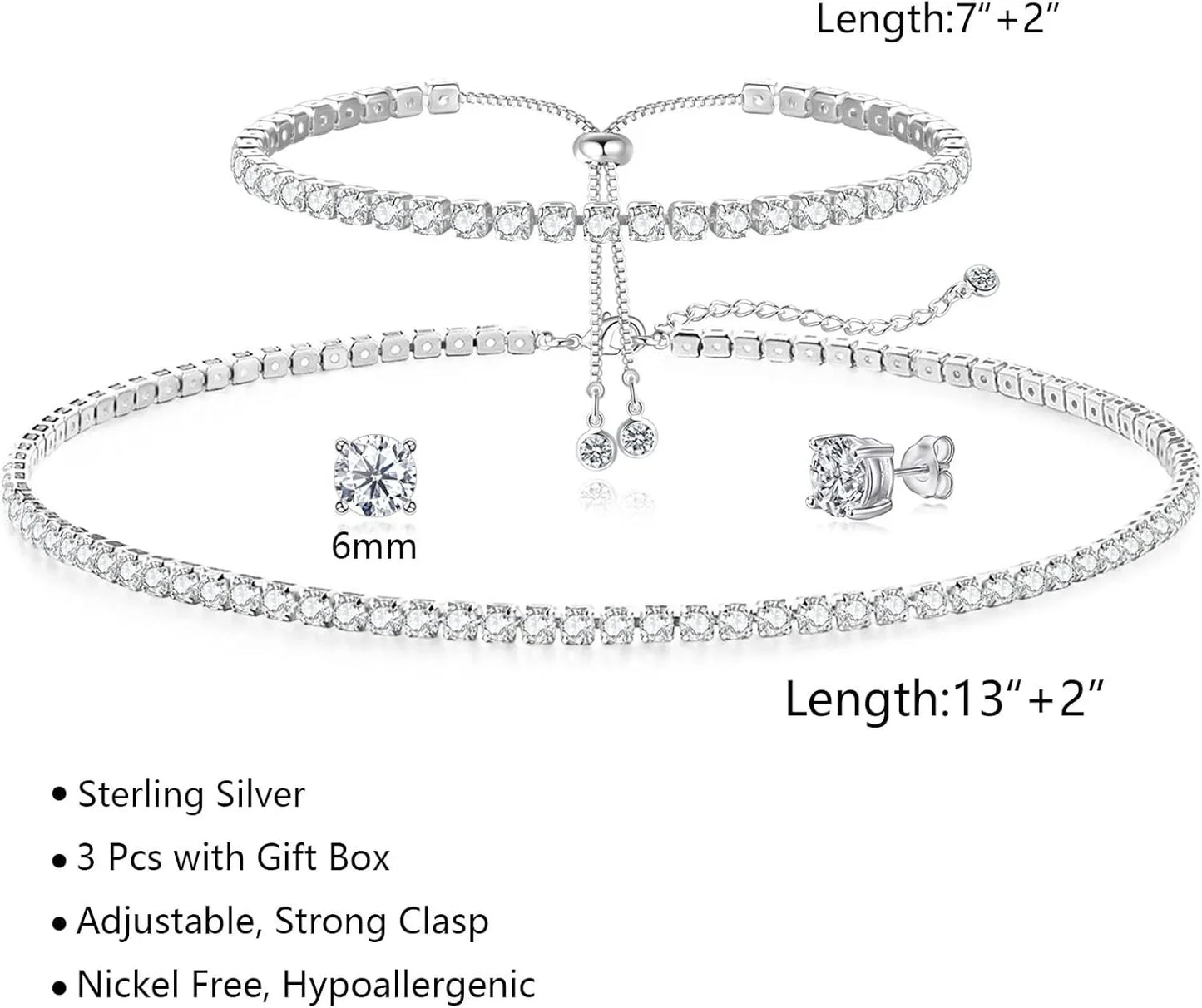 Tennis Necklace Bracelet for Women Sliver Plated Dainty Chocker Necklace Earrings Bracelet for Women Wedding Jewelry for Women (069)