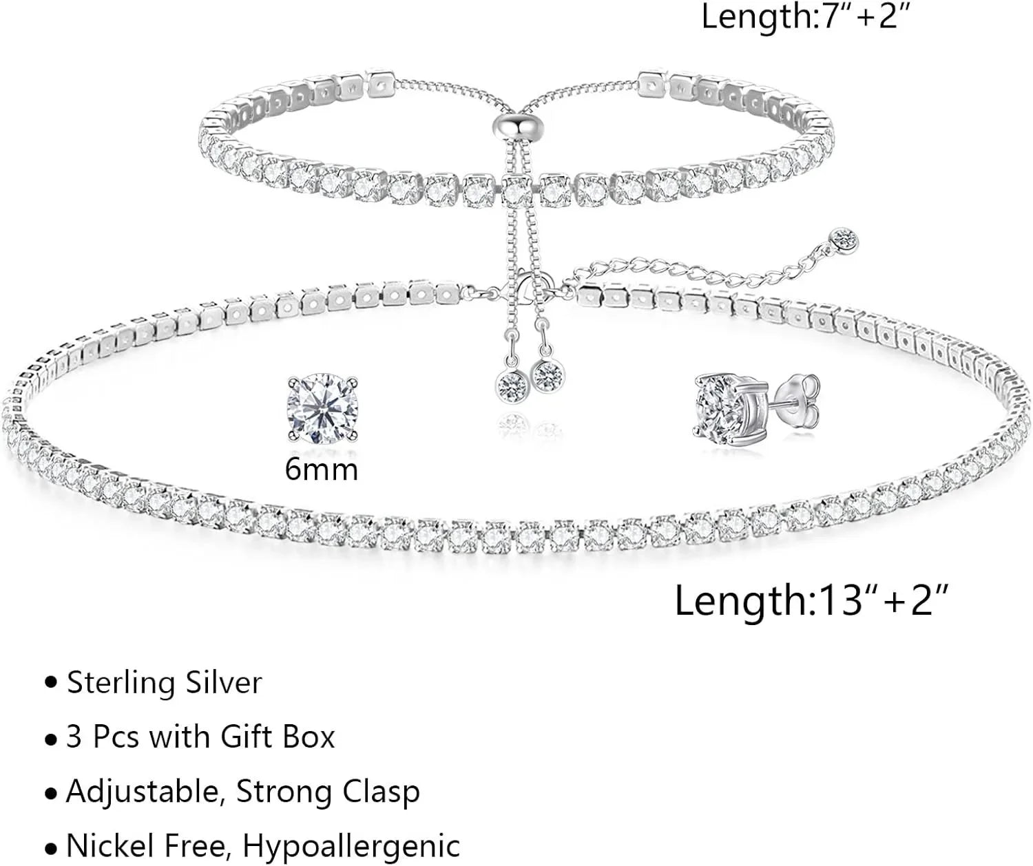 Tennis Necklace Bracelet for Women Sliver Plated Dainty Chocker Necklace Earrings Bracelet for Women Wedding Jewelry for Women (069)