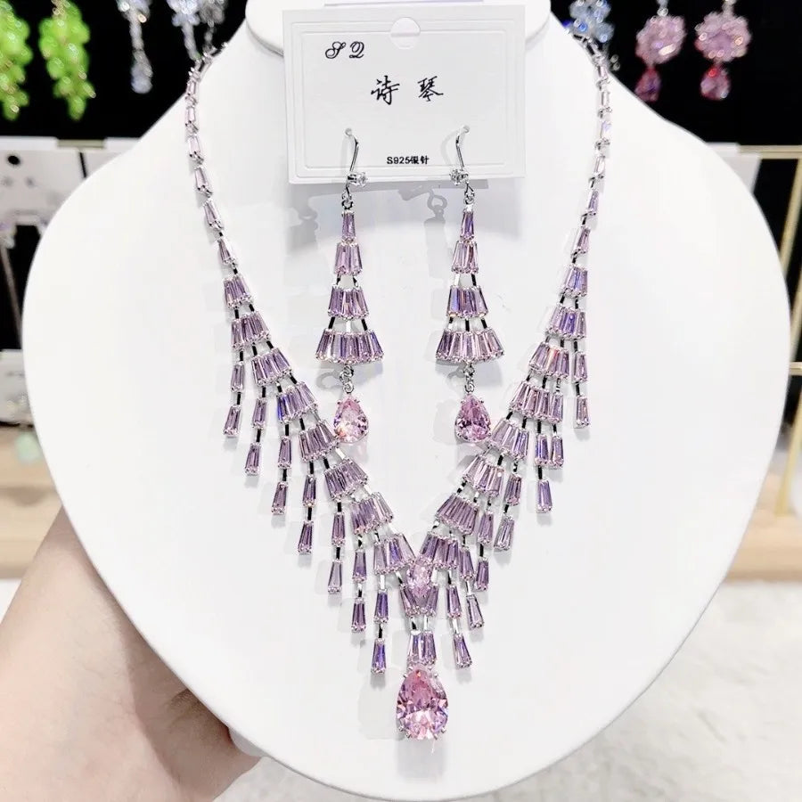 Women Colorful Fashion Zircon Necklace Earrings 2024 (89)