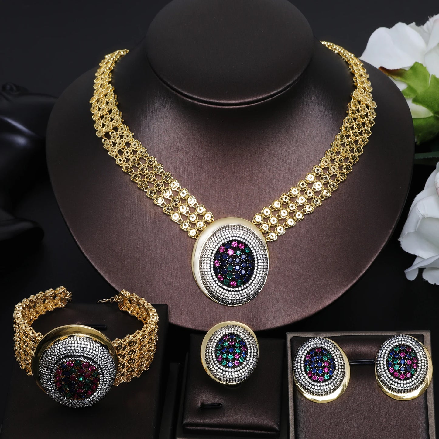HY Gold-Plated Zircon 4 Bridal Necklaces, Earrings, Bracelets, Rings, Super Stylish Dubai Libya Hot Item