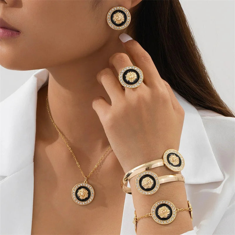 5Pcs/Set Gold-Plated Lion Head Party Jewelry Set for Women Crystal Pendant Necklace Bracelet Chains Bangles Earrings Ring (135)