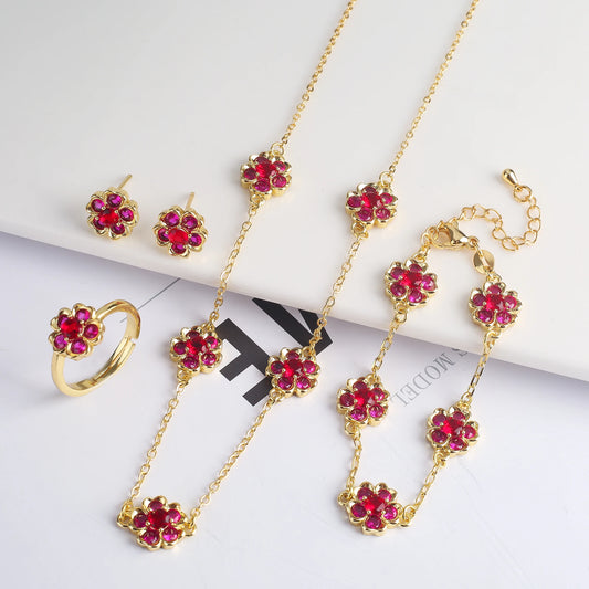 Snowflake Crystal New Design Plant Five Leaf Flower Jewelry Set Cute Zircon Women'S Bracelet Necklace Earring Ring Gift Clover (126)