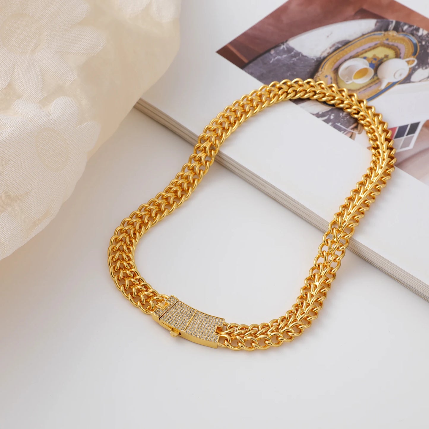 24K Gold Plated Miami Cuban Chain Necklace Set of Four Micropaved Rectangular Cubic Zirconia Cuban Chain Hip Hop Jewelry