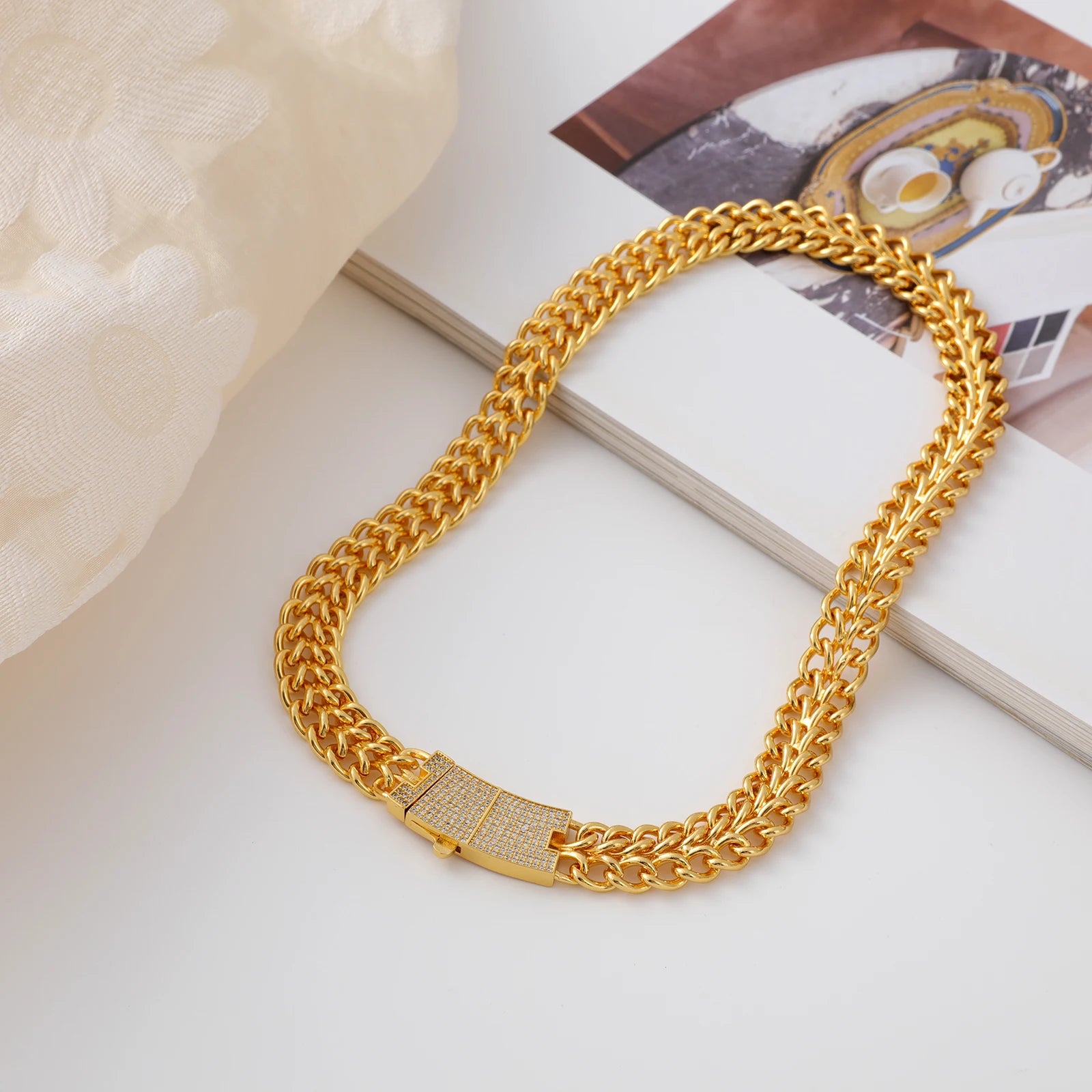 24K Gold Plated Miami Cuban Chain Necklace Set of Four Micropaved Rectangular Cubic Zirconia Cuban Chain Hip Hop Jewelry
