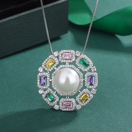 Luxury 14Mm White Gold Big Pearl Gemstone Pendant Necklace for Women High Carbon Diamonds Party Fine Jewelry Anniversary Gifts (086)