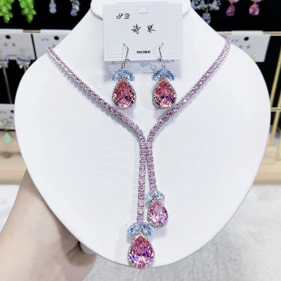 Women Colorful Fashion Zircon Necklace Earrings 2024 (89)