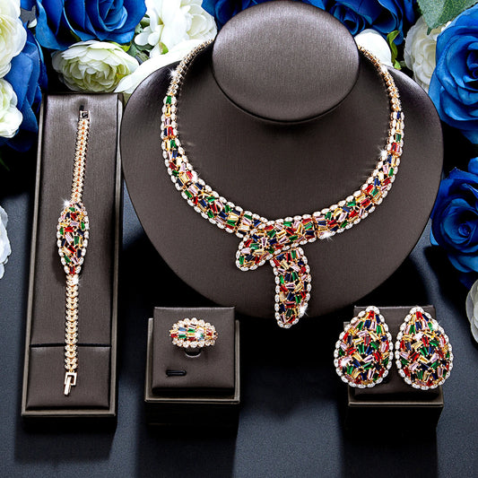 Popular 4-Piece Bridal Wedding Cubic Zirconia Jewelry Set for 2024, Women'S Wedding Necklace and Earring Ring Bracelet Set (050)