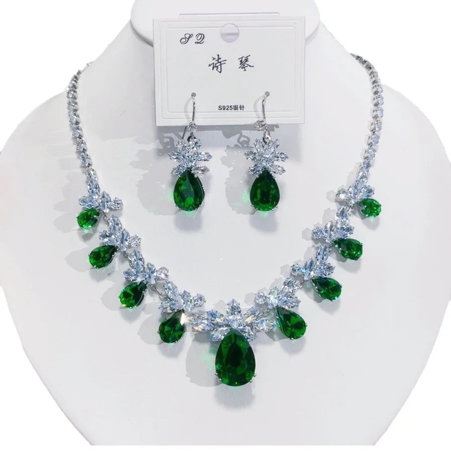Green Emerald Waterdrop Pendant Zirconia Necklace Earrings Women New Silver Color Bridal Wedding Fashion Jewelry Set Party Gifts (096)