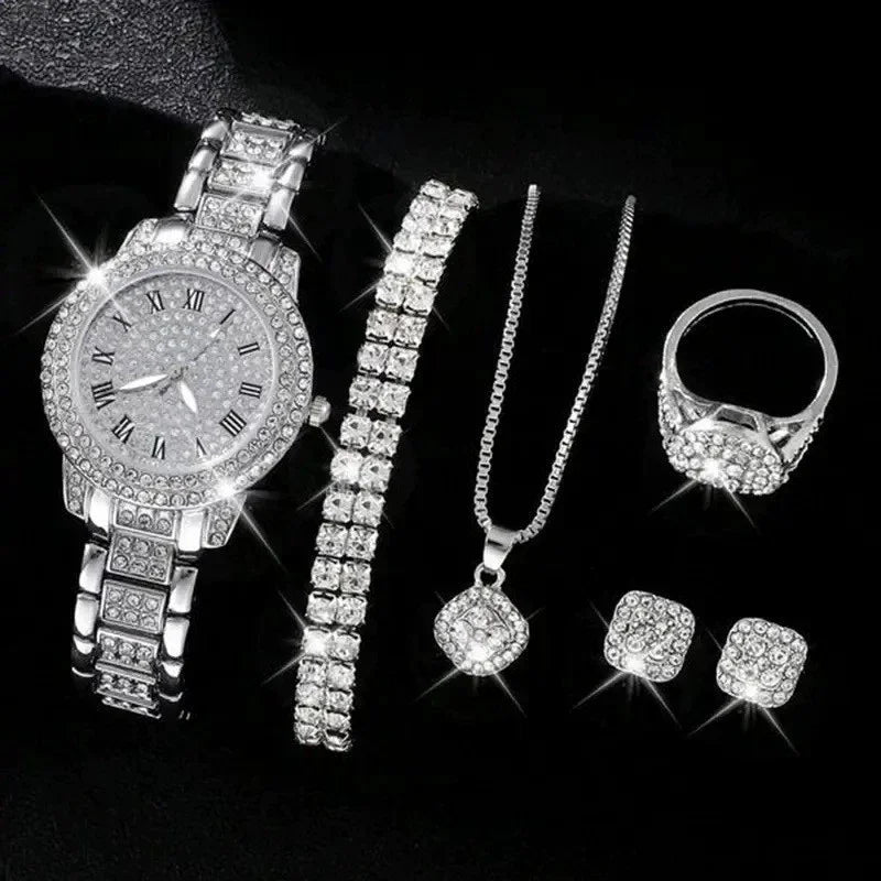 6Pcs/Set Women Watch Luxury Elegant Alloy Watch Crystal Wristwatch for Ladies Gift Quartz Watch Alloy Rhinestone Bracelet (133)