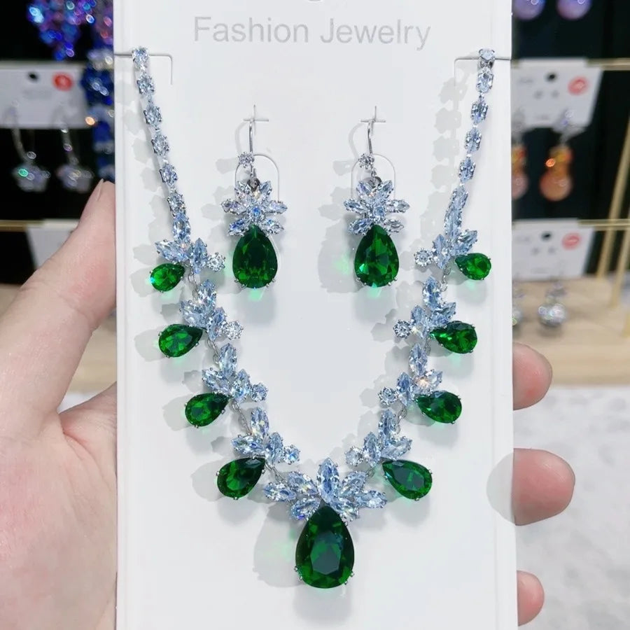 Green Emerald Waterdrop Pendant Zirconia Necklace Earrings Women New Silver Color Bridal Wedding Fashion Jewelry Set Party Gifts (096)