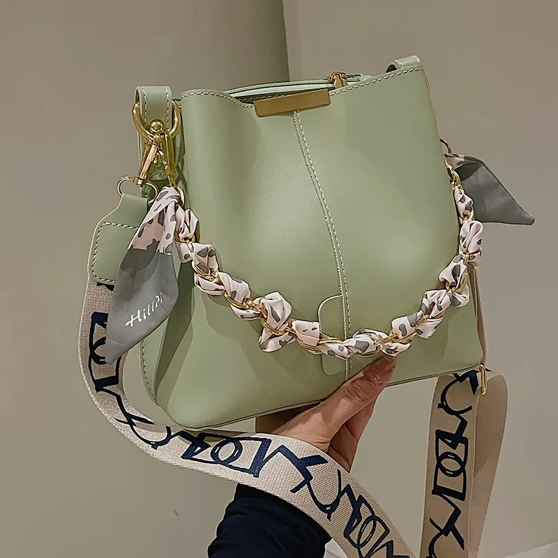 New Fashion Women'S Shoulder Bag Large Capacity Ribbon Chain Bucket Bag Crossbody Bag Daily Commuting