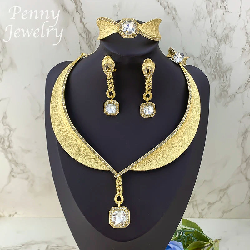 Rhinestone Bohemian Gold Plated 4Pcs Jewelry Set for Women Necklace Drop Earrings Bracelet Ring Bridal Wedding Party Gifts (148)