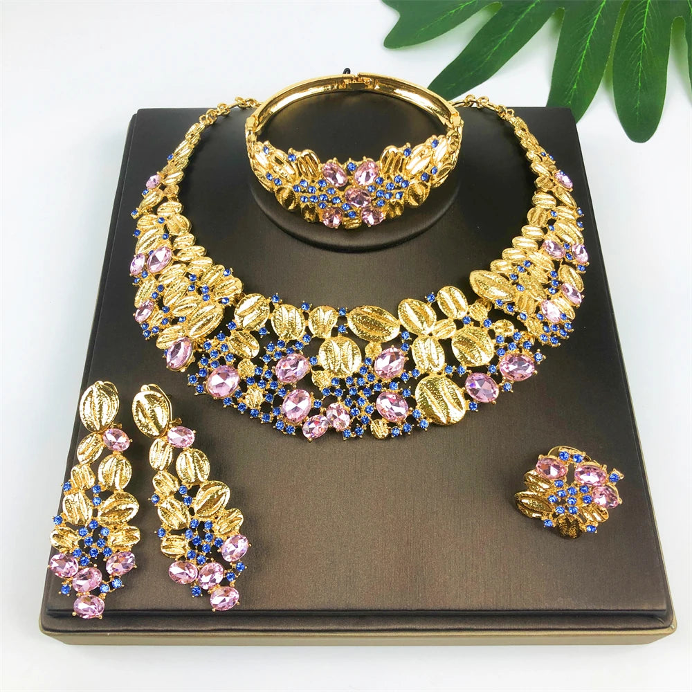 ESALE Vintage Opal Jewelry Set for Women Luxury Design Necklace Earrings Bracelet and Ring 18K Gold Plated Dubai Nigeria Jewelry