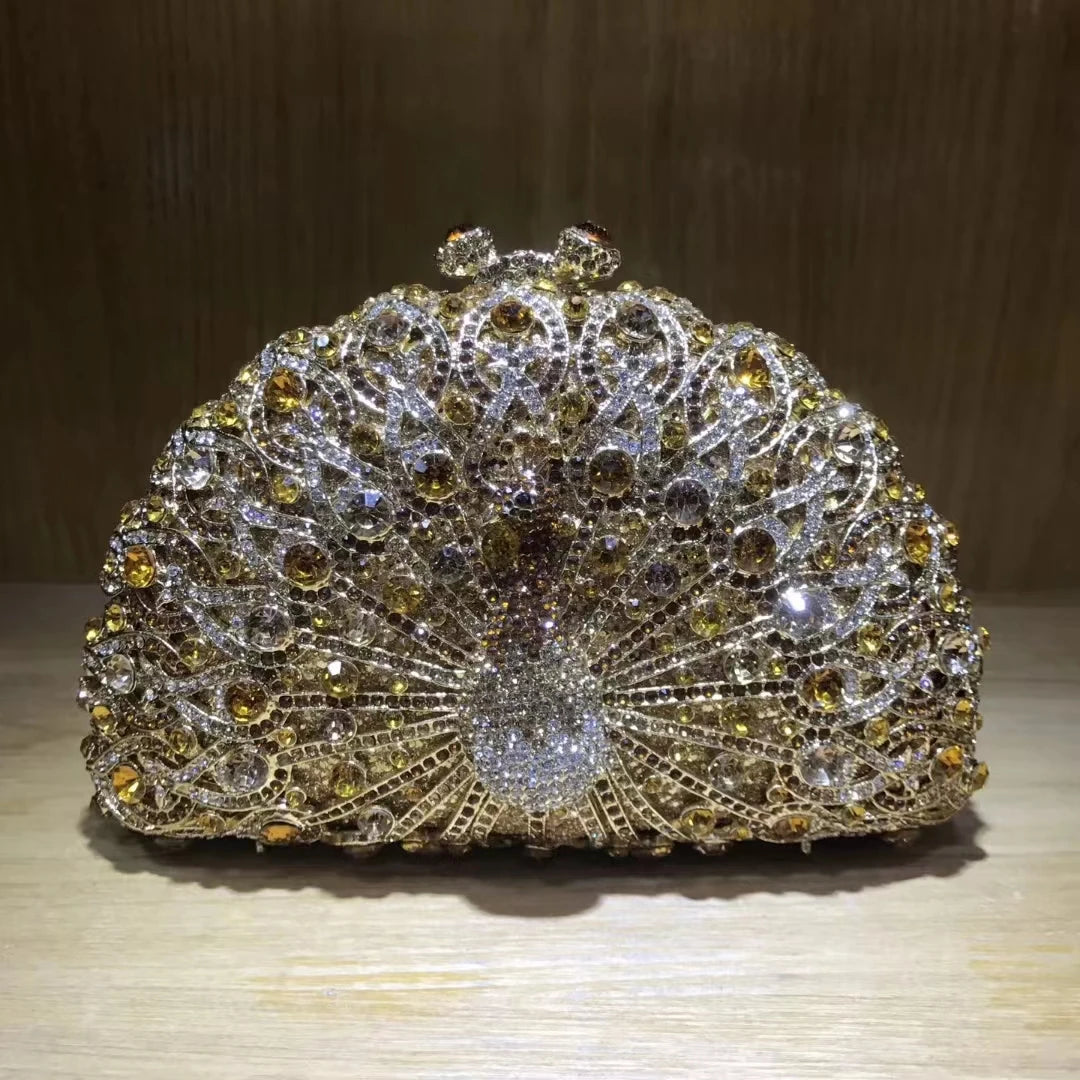 Woman Peacock Hollow Crystal Evening Bag Multicolored Diamond Bridal Animal Clutch Purse Wedding Cocktail Party Handbag