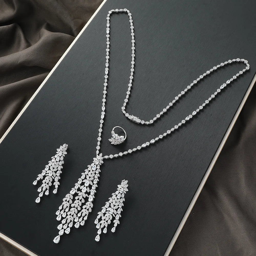 High Quality Tassel Jewelry Set for Women Luxury AAA Zircon Ring Necklace Earrings 3 Piece Set Suitable for Engagement Jewelry (054)