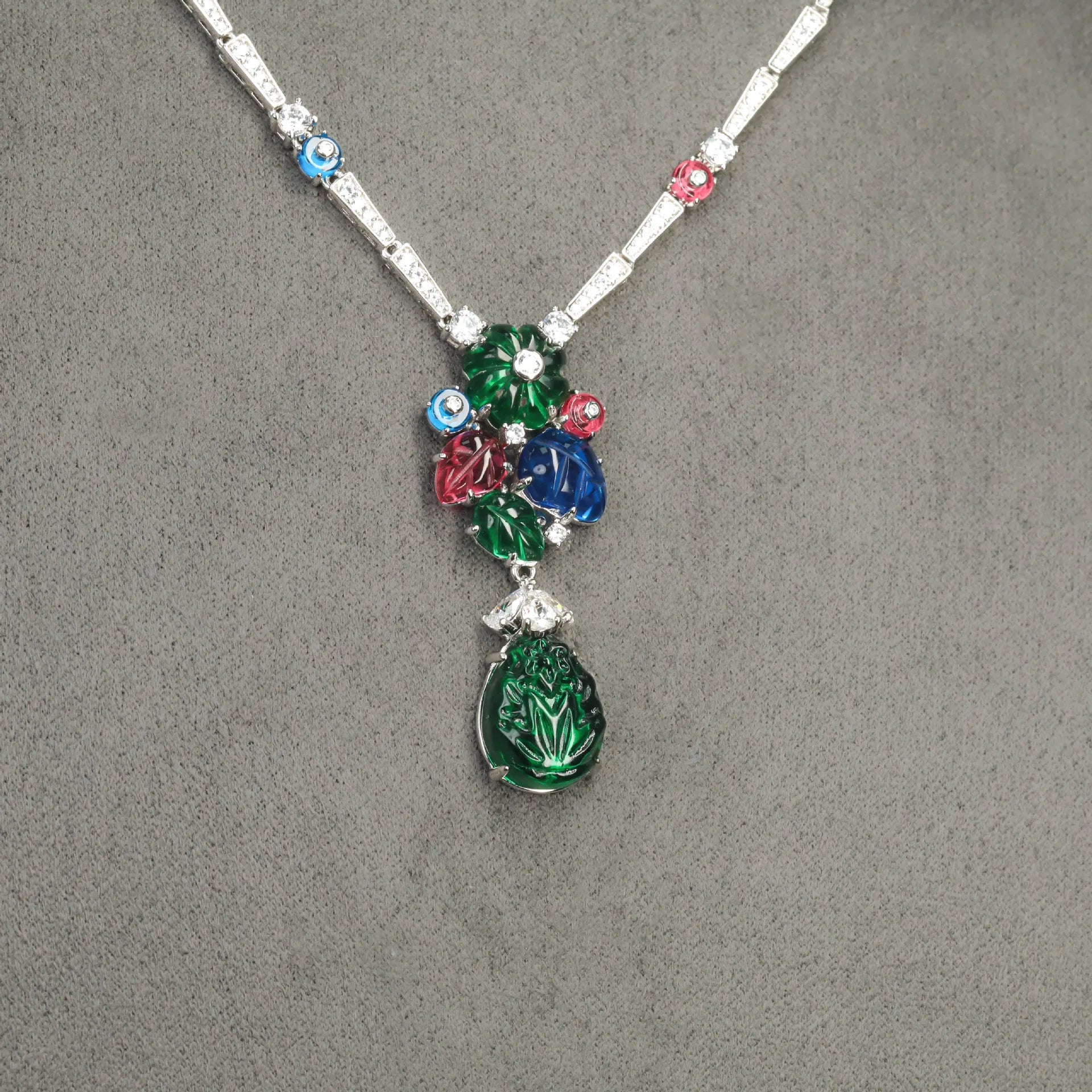 Vintage 925 Sterling Silver Sapphire Ruby Emerald High Carbon Diamonds Gemstone Cocktail Pendant Necklaces Fine Jewelry (083)