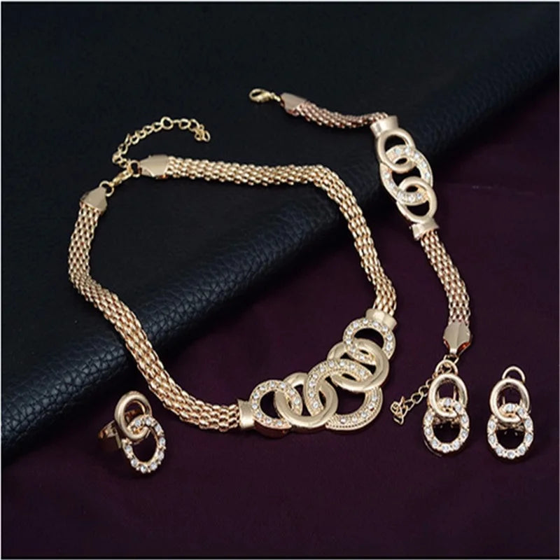 Fashion European and American Five-Ring Suit Necklace Earrings Bracelet Ring Four-Piece Set Retro Bride Photo Gift (120)