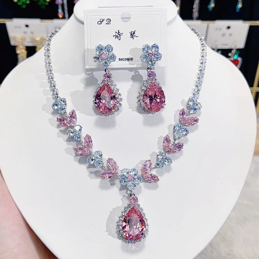 Women Colorful Fashion Zircon Necklace Earrings 2024 (89)