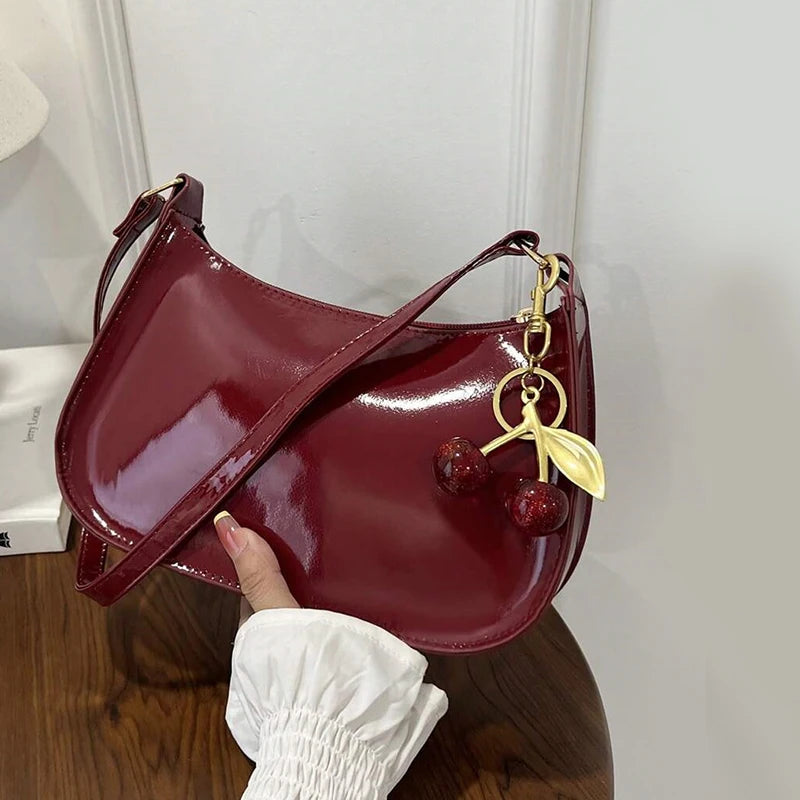 Vintage Retro Shoulder Bag for Women PU Leather Underarm Crossbody Ladies Casual Handbag Purse with Cherry Pendant (040)