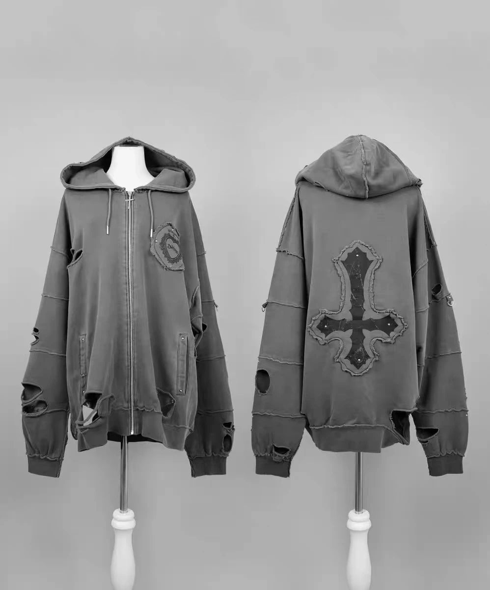 Japanese Mine Cross Embroidery Retro Subculture Ripped Hoodies Women Goth Punk Style Oversized Hoodie Sweet Cool Y2K Sweatshirt