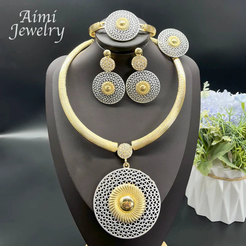 Large round Pendant 18K Gold Plated Jewelry Set for Women Necklace Earrings Bracelet Ring African Bridal Wedding Party Gifts (125)