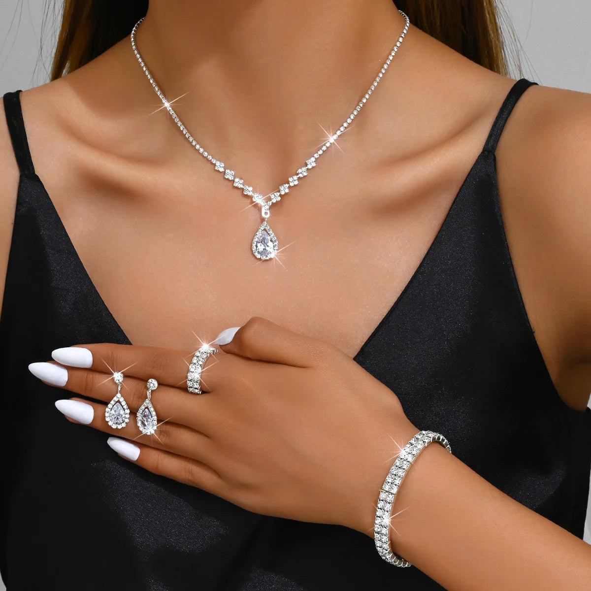 5 Women'S Fashion Droplet Earrings Necklace Bracelet Ring Set Wedding Banquet Party Holiday Gift (123)
