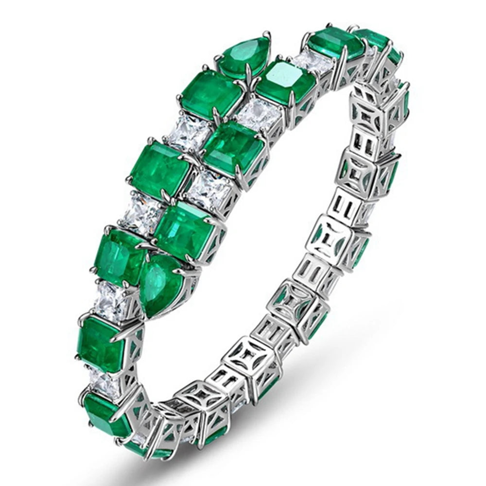 Vintage 100% 925 Sterling Silver Emerald High Carbon Diamond Gemstone Bracelets Bangle Fine Jewelry Anniversary Gifts (059)