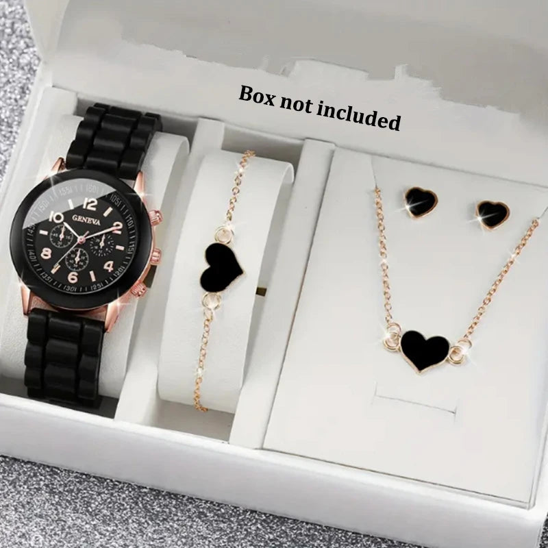 5/6PCS Luxury Watch Women Ring Necklace Earrings Bracelet Set Fashion Heart Butterfly Jewelry Ladies Quartz Wristwatch (137)