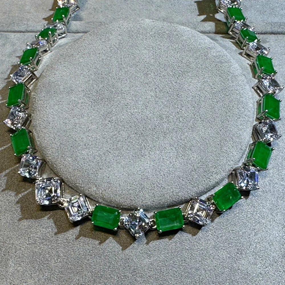 100% 925 Sterling Silver Sugar-Loaf Cut Emerald High Carbon Diamond Gemstone Necklace Fine Jewelry Anniversary Gifts (093)
