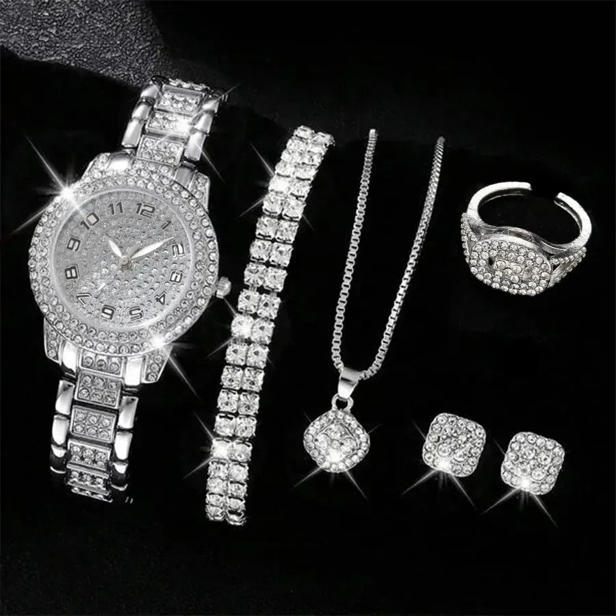 6Pcs/Set Women Watch Luxury Elegant Alloy Watch Crystal Wristwatch for Ladies Gift Quartz Watch Alloy Rhinestone Bracelet (133)