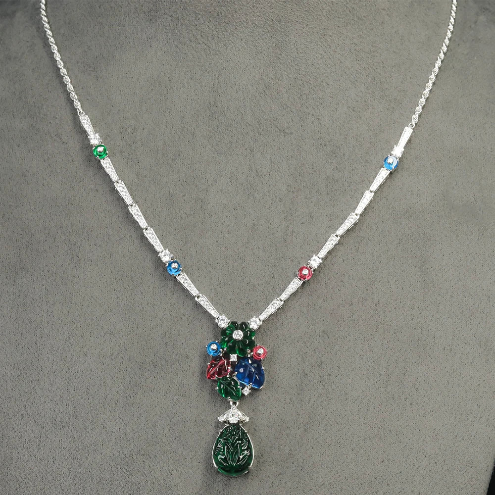 Vintage 925 Sterling Silver Sapphire Ruby Emerald High Carbon Diamonds Gemstone Cocktail Pendant Necklaces Fine Jewelry (083)