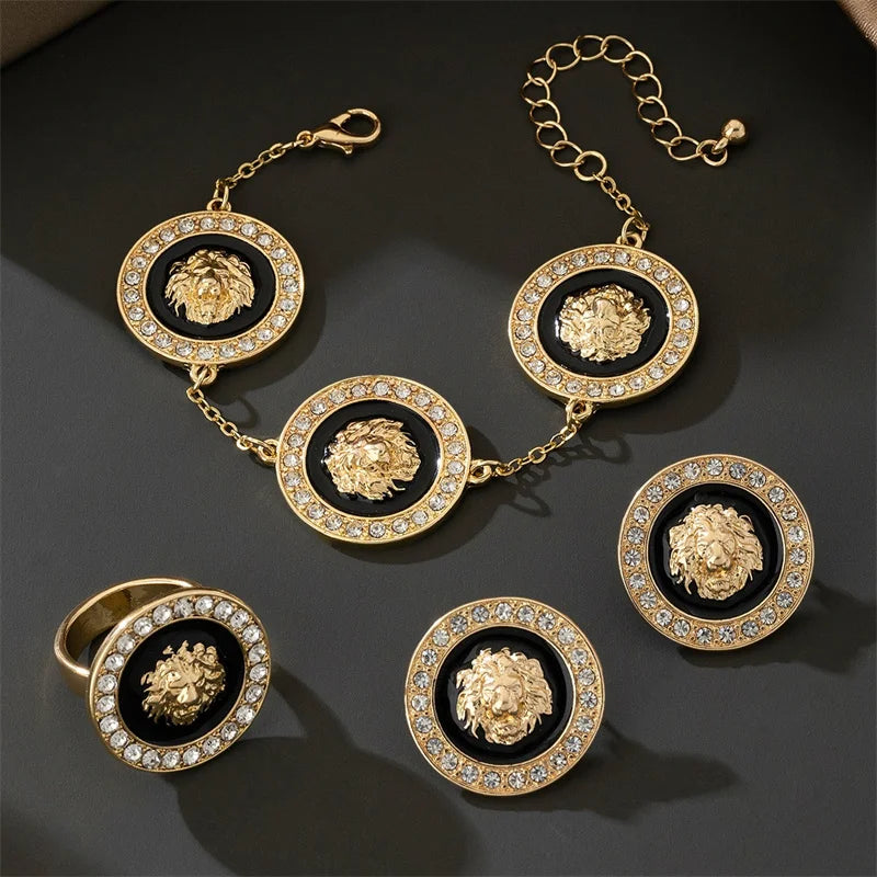 5Pcs/Set Gold-Plated Lion Head Party Jewelry Set for Women Crystal Pendant Necklace Bracelet Chains Bangles Earrings Ring (135)
