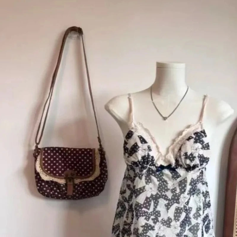 New Korean Polka Dot Niche Design Vintage Women'S Single Shoulder Crossbody Bags Fashion Polka Dot Canvas Bag (053)