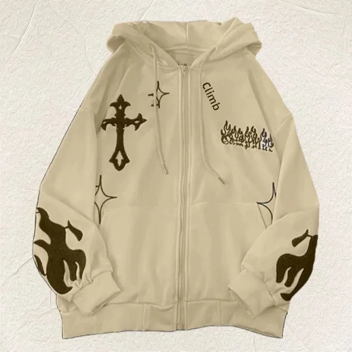 2024 Autumn/Winter Hooded Sweatshirt Embroidered Cross Fire Jacket Fleece-Lined Couple Loose-Fit Top Sweatshirt