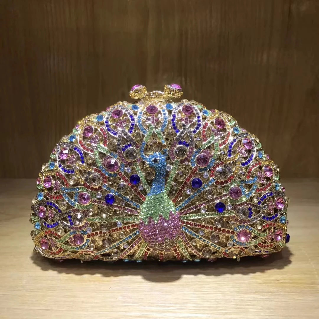 Woman Peacock Hollow Crystal Evening Bag Multicolored Diamond Bridal Animal Clutch Purse Wedding Cocktail Party Handbag