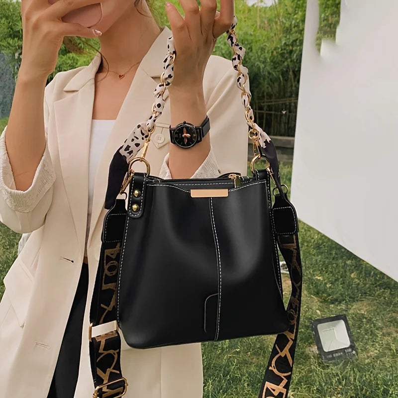 New Fashion Women'S Shoulder Bag Large Capacity Ribbon Chain Bucket Bag Crossbody Bag Daily Commuting
