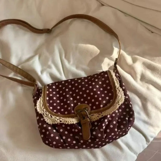 New Korean Polka Dot Niche Design Vintage Women'S Single Shoulder Crossbody Bags Fashion Polka Dot Canvas Bag (053)