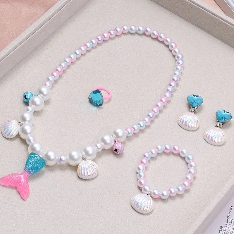 2/5Pcs Girls Jewelry Sets Mermaid Pearl Necklace Bracelet Ring Earring Set Kids Toys Children Princess Fashion Accessories (141)