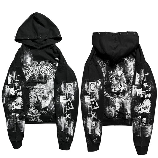 Overdxse Devil Horn Hoodie Gothic Street Clothing Oversized Pullover Unique Horn Design Avant-Garde Fashion Limited Edition
