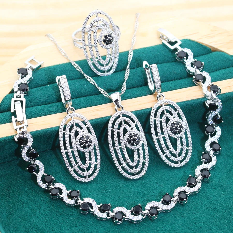 Bridal Silver 925 Jewelry Sets round Green Zircon Bracelets Earrings Rings Pendant Wedding Necklace Set for Women (159)