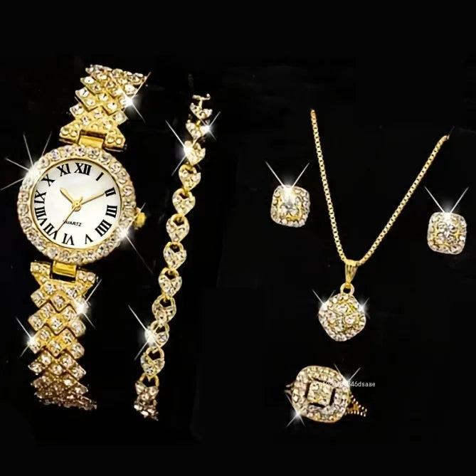 5Pcs Women Rhinestone Watch Fashion Ladies Quartz Wristwatch with Bracelet Necklace Wedding Jewelry for Gift (119)