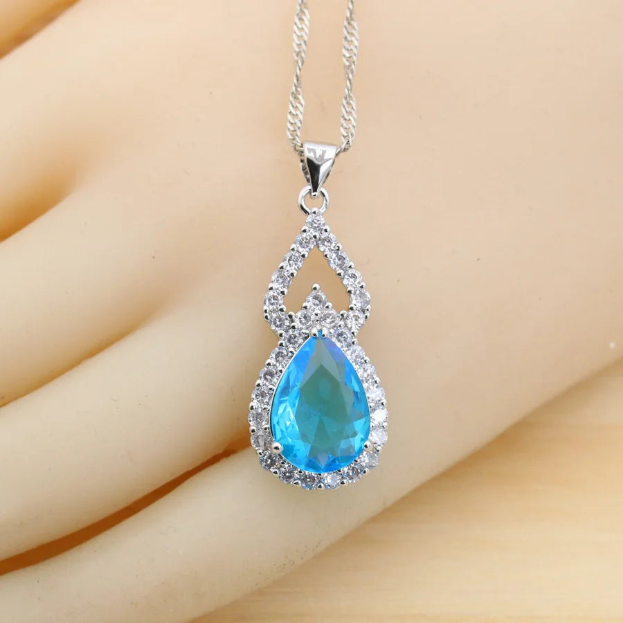 Fashion Sky Blue Water Drop Zirconia 925 Silver Jewelry Sets for Women Earrings Necklace Pendant Ring Bracelet Wedding Gift (154)