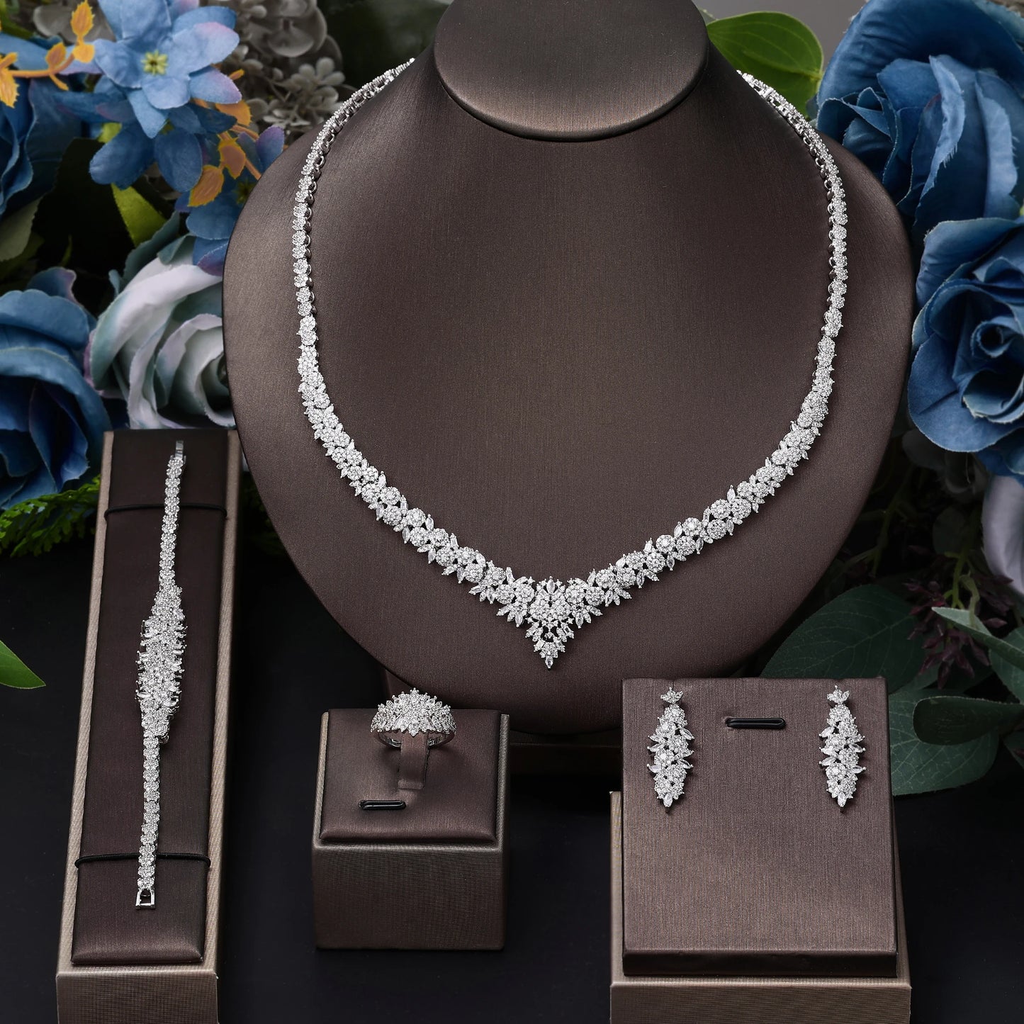 2024 Hot Selling 4-Piece Bride Wedding Jewelry Set with Cubic Zirconia Dubai Luxury Jewelry Set