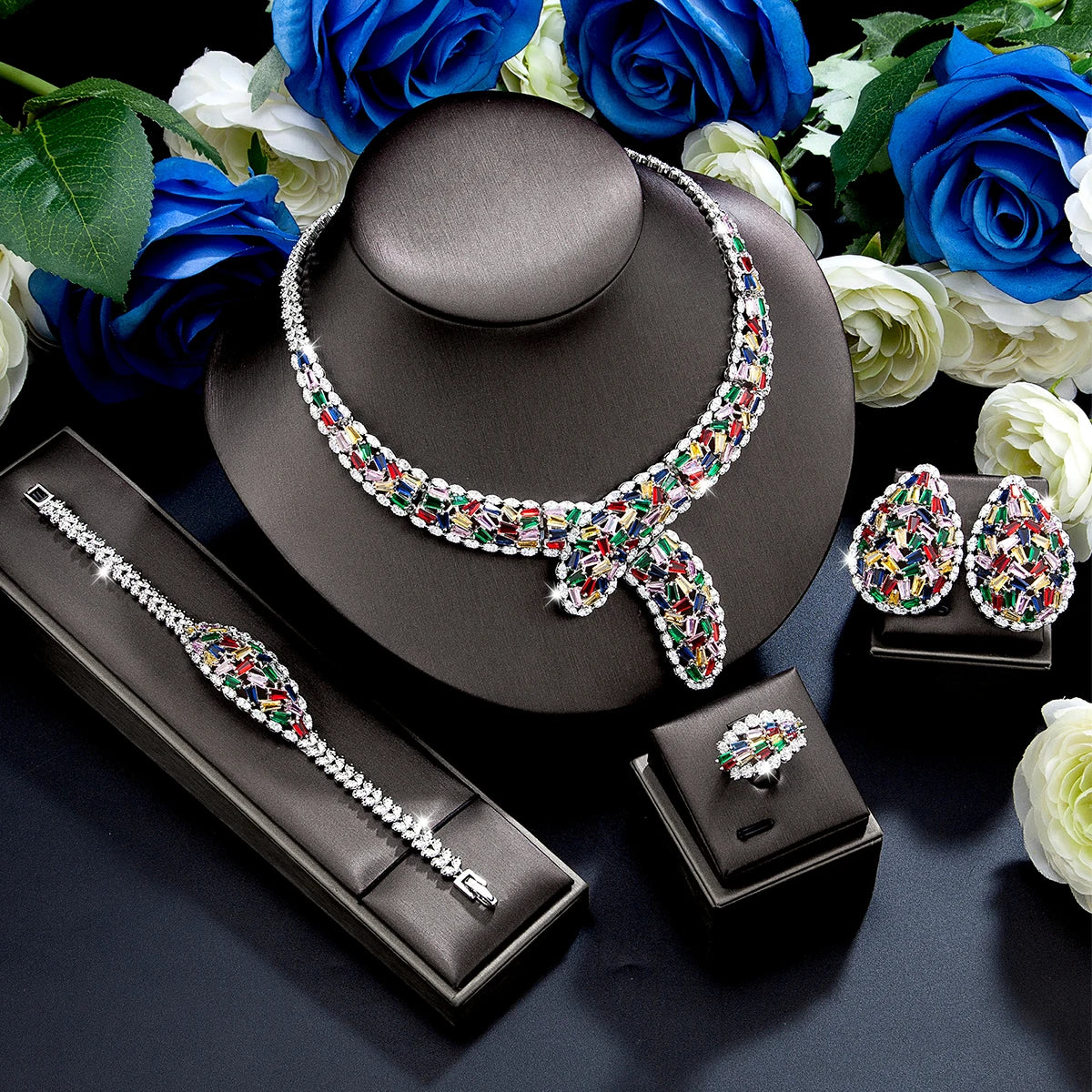 Popular 4-Piece Bridal Wedding Cubic Zirconia Jewelry Set for 2024, Women'S Wedding Necklace and Earring Ring Bracelet Set (050)
