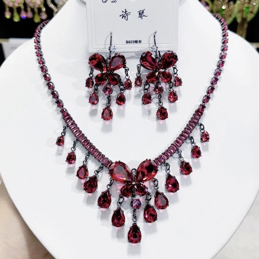 Women Colorful Fashion Zircon Necklace Earrings 2024 (89)