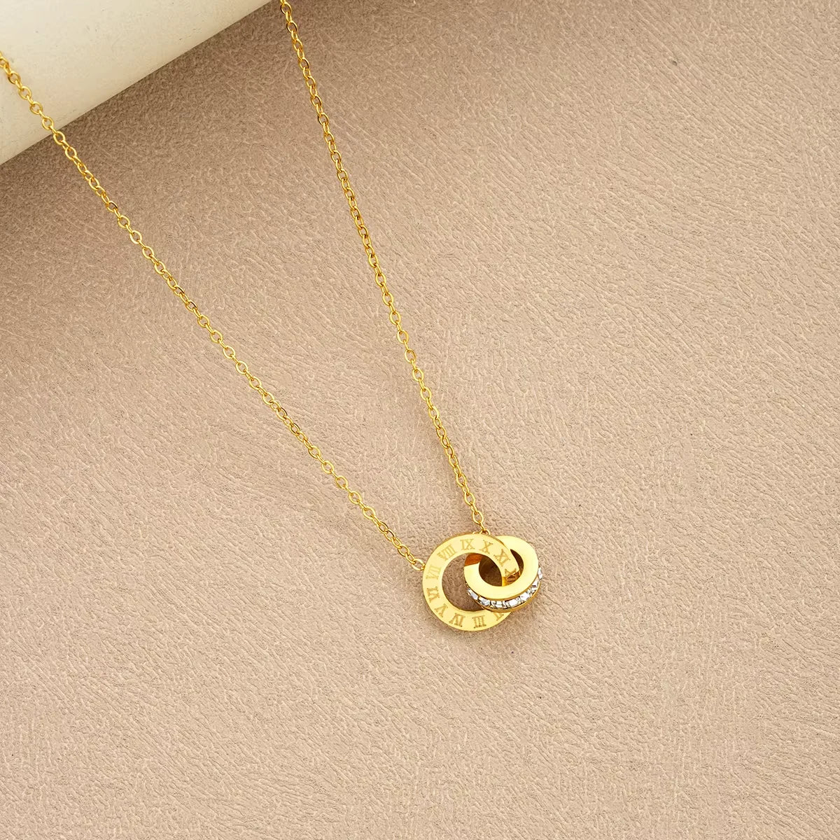 4Pcs/Set Stainless Steel Crystal Necklace Bracelet Earrings for Women Gold Color Interlocking Circles Roman Numbers Jewelry Sets (139)