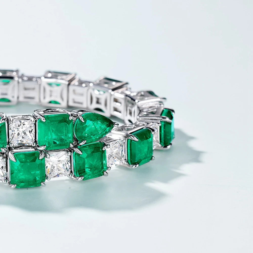Vintage 100% 925 Sterling Silver Emerald High Carbon Diamond Gemstone Bracelets Bangle Fine Jewelry Anniversary Gifts (059)