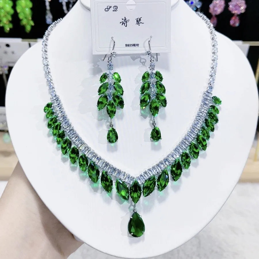 Women Colorful Fashion Zircon Necklace Earrings 2024 (89)