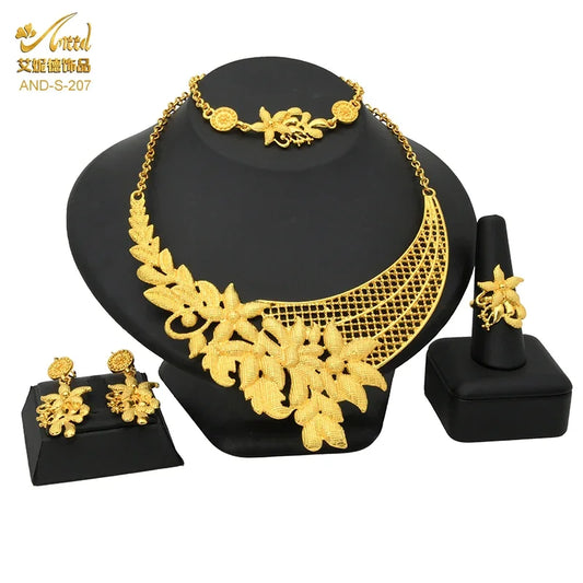Indian 24K Gold Color Flower Shape Necklace Earrings Bracelet Ring Set Elegant Bridal Wedding Jewelry Sets for Dubai Lady (136)